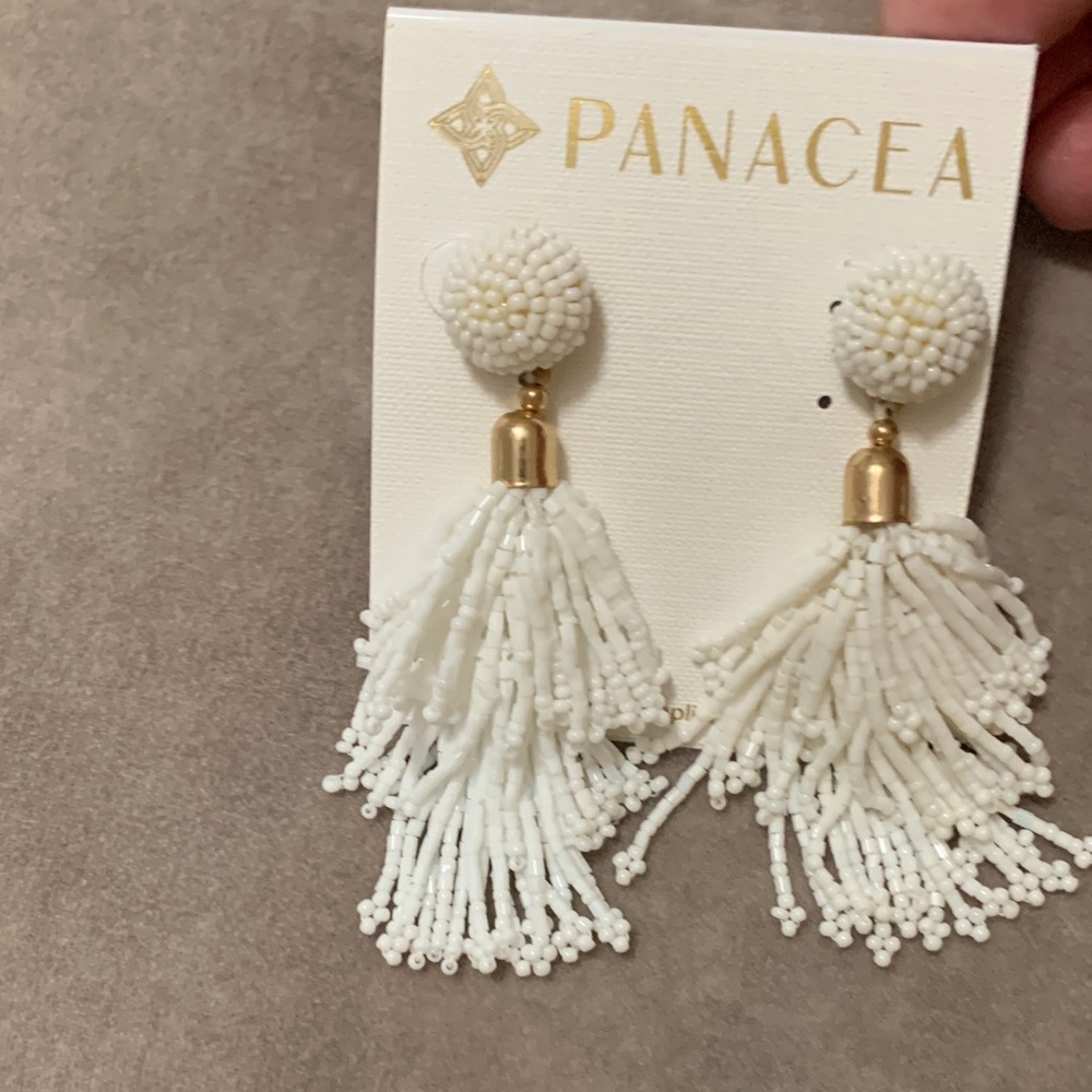 White Beaded Tassel Earrings